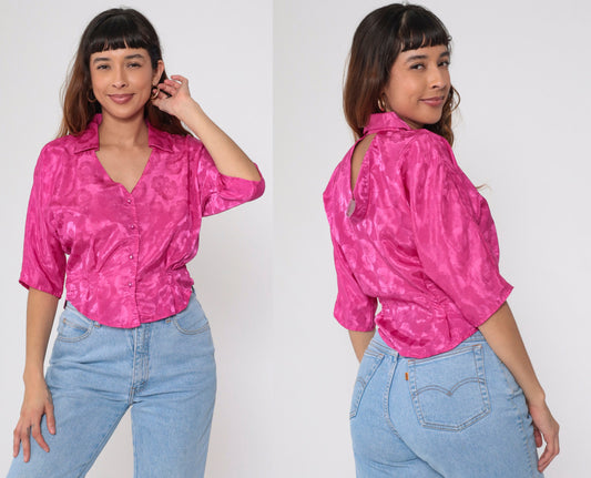 80s Fuchsia Satin Floral Blouse Keyhole Back Pearl Button 1/2 Sleeve Medium