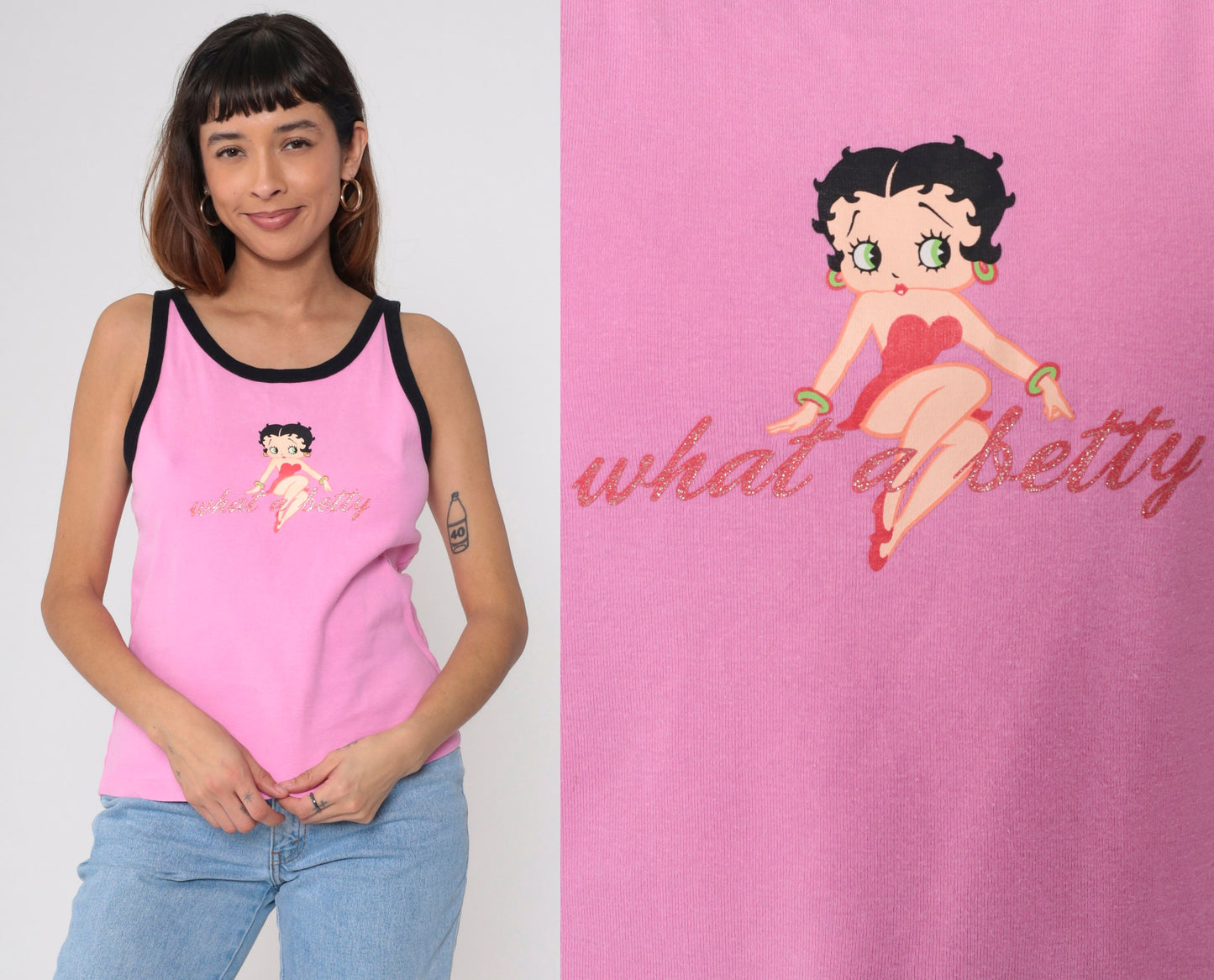 00s Betty Boop Tank Top 'What A Betty' Glitter Graphic Pink Black Ringer Medium