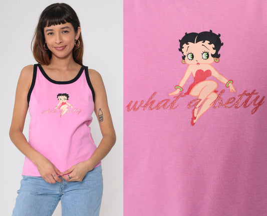 00s Betty Boop Tank Top 'What A Betty' Glitter Graphic Pink Black Ringer Medium