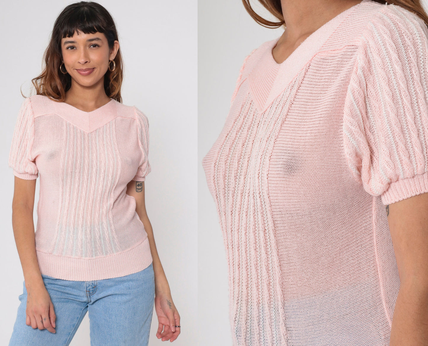 80s Baby Pink Knit Top Puff Sleeve Textured Stripe Extra Small