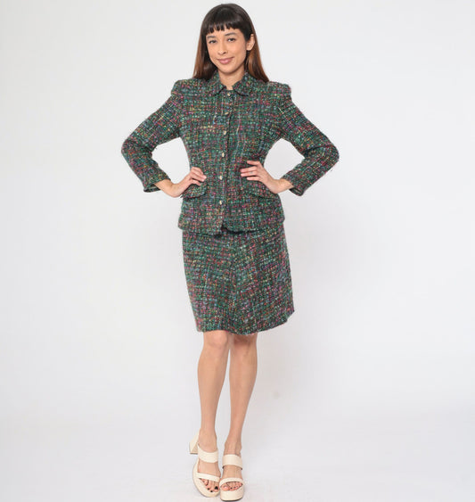 70s Multicolor Tweed Two Piece Suit Jacket and Pencil Skirt Set Medium M