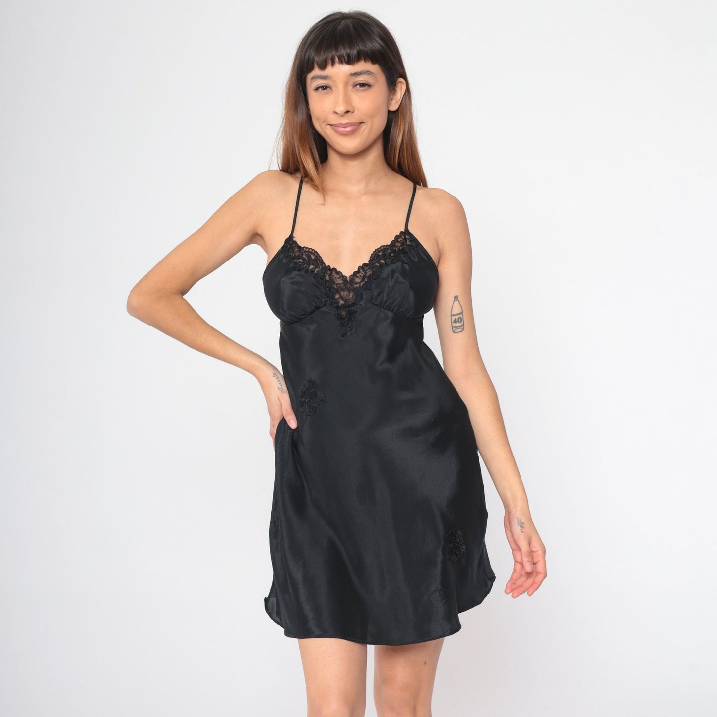 90s Black Slip Dress Mini Lace Floral Applique Empire Waist Small S
