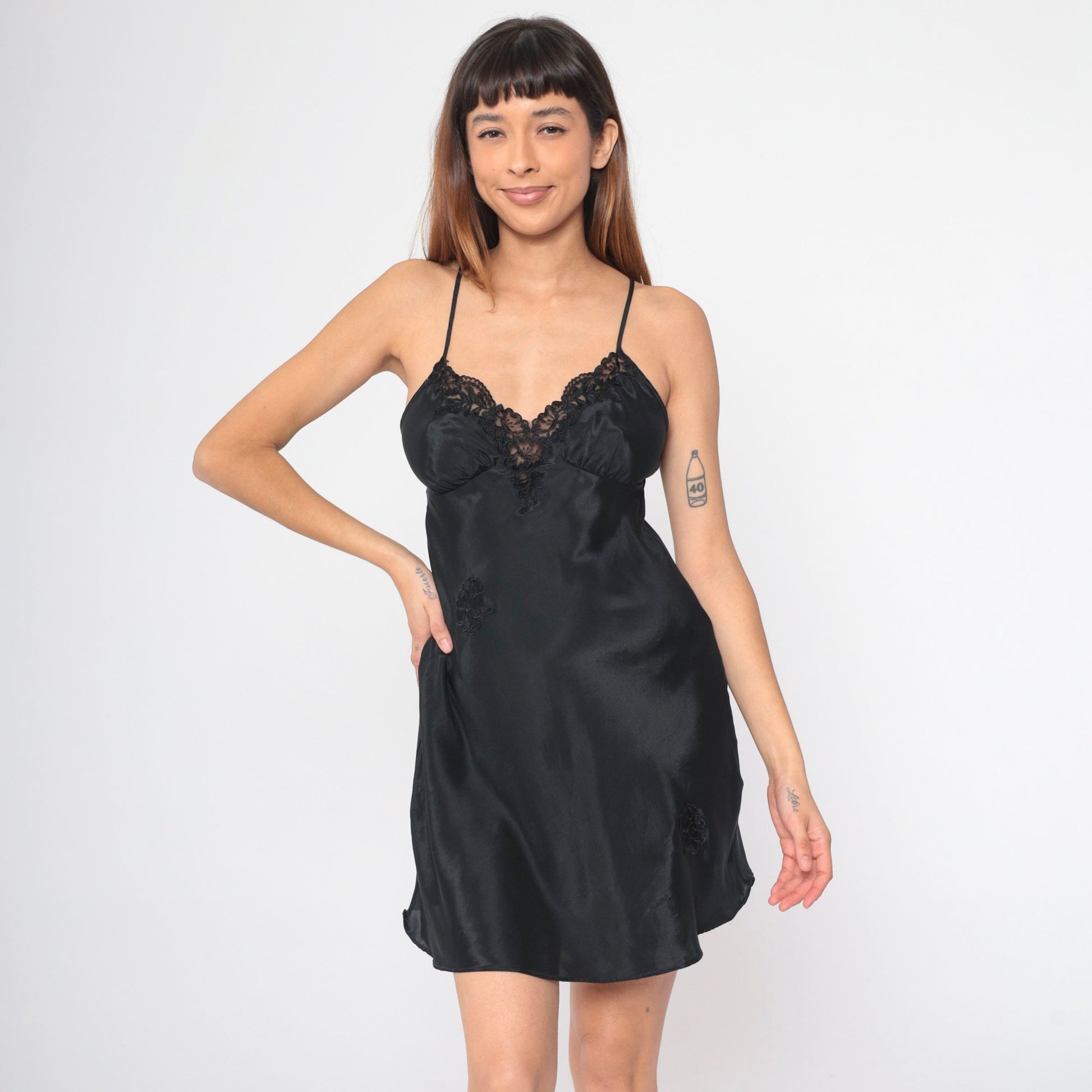 90s Black Slip Dress Mini Lace Floral Applique Empire Waist Small S