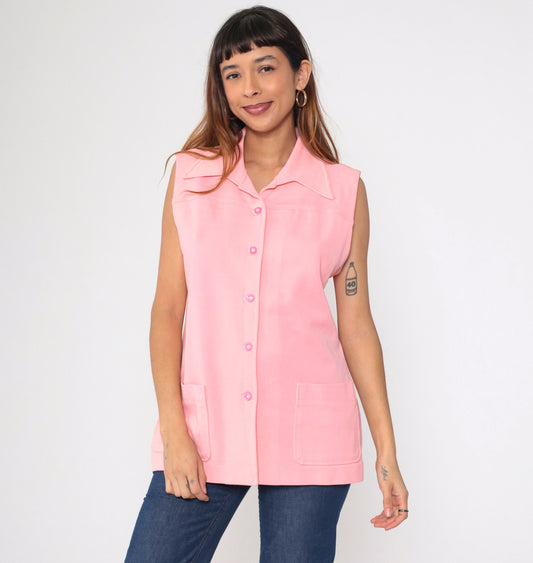70s Pink Wing Collar Tank Top Button-Up Blouse Longline Large L
