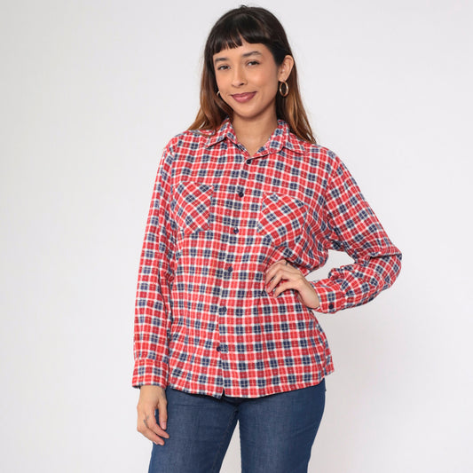 90s Red White Blue Plaid Flannel Shirt Cotton Button-Up Medium