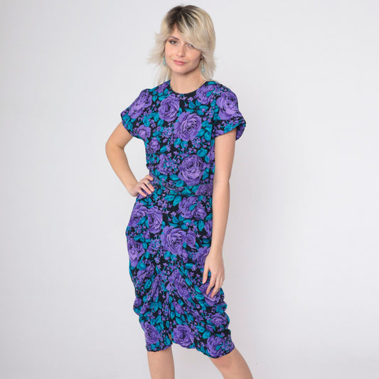 90s All That Jazz Floral Sheath Dress Purple Rose Print Knee-Length Small