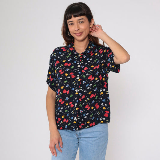 90s Fashion Print Black Button-Up Blouse Floral Purse Dress Graphic Medium Large