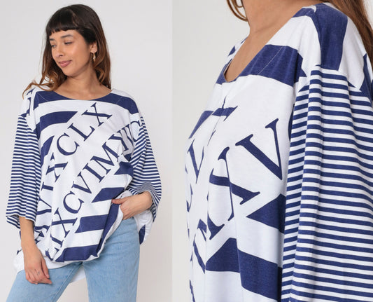 80s Roman Numerals Alphabet Graphic Tee Striped Sleeves White Blue Plus Size XXL