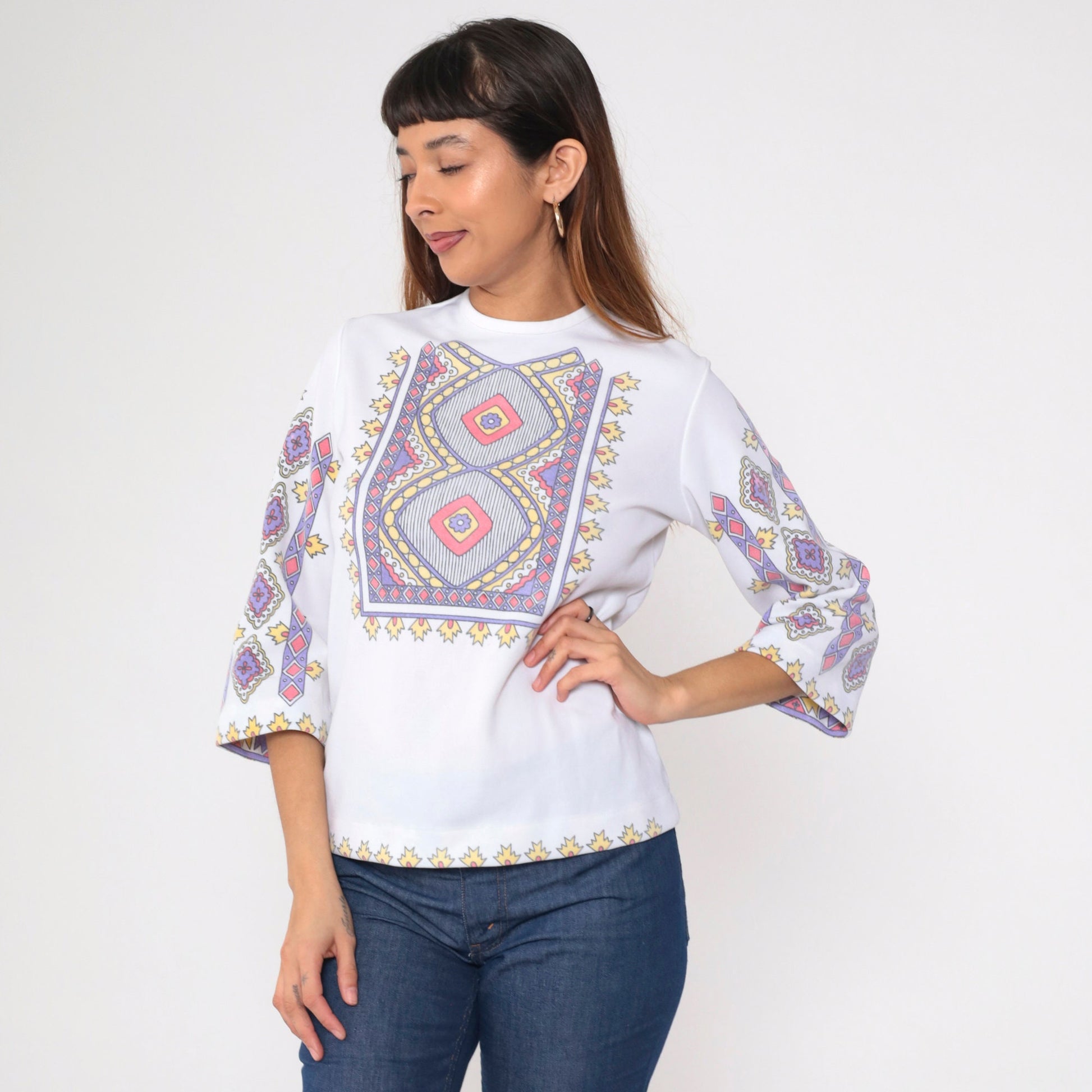 70s Geometric Floral Graphic Blouse White 3/4 Sleeve Zip Back Small