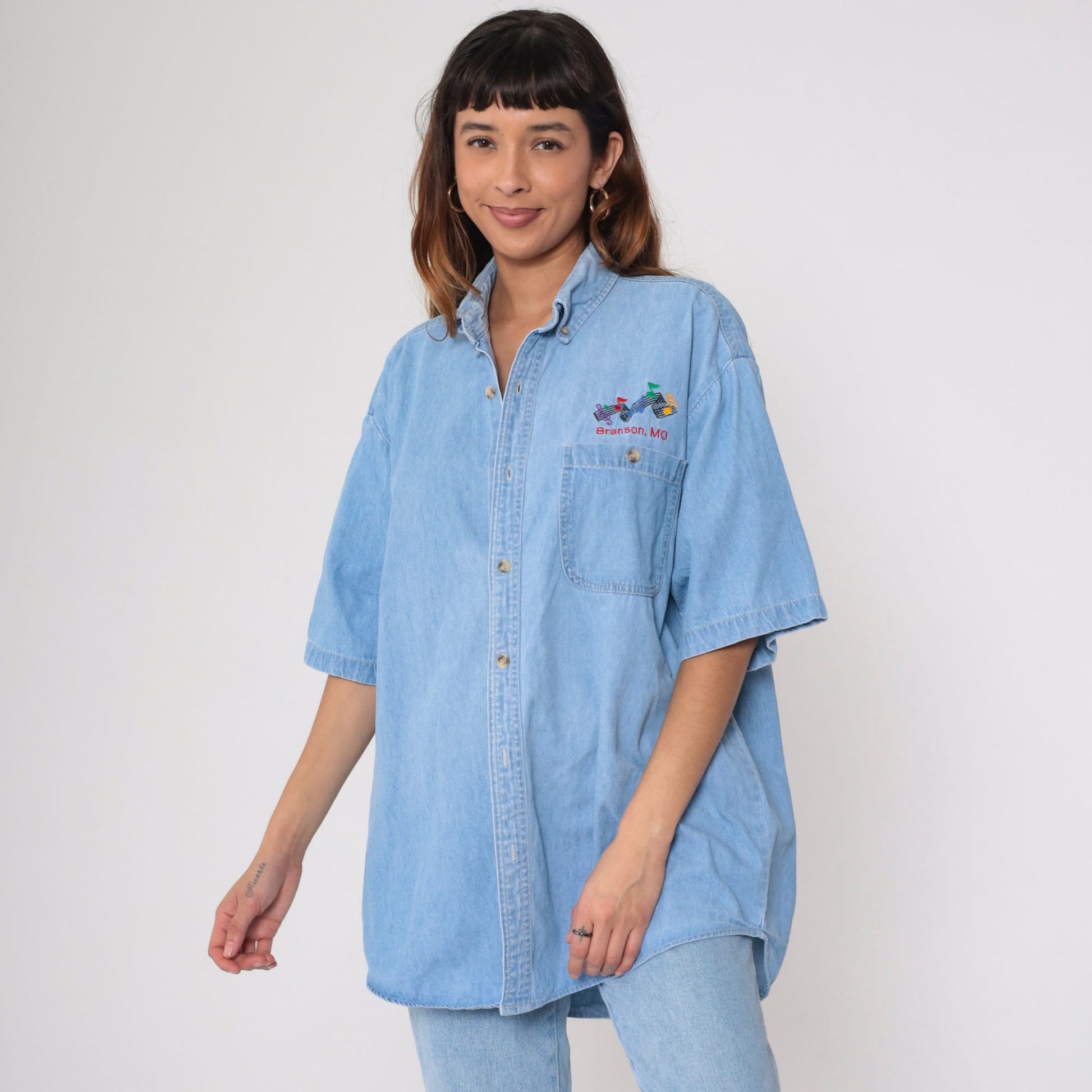 90s Branson Missouri Denim Shirt Music Note Blue Jean Button Up Extra Large