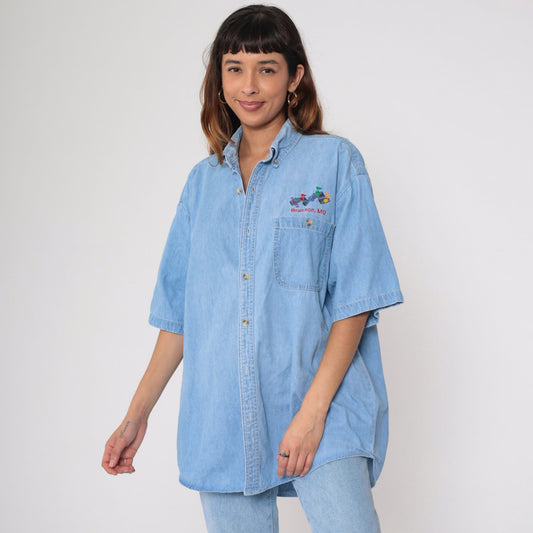 90s Branson Missouri Denim Shirt Music Note Blue Jean Button Up Extra Large