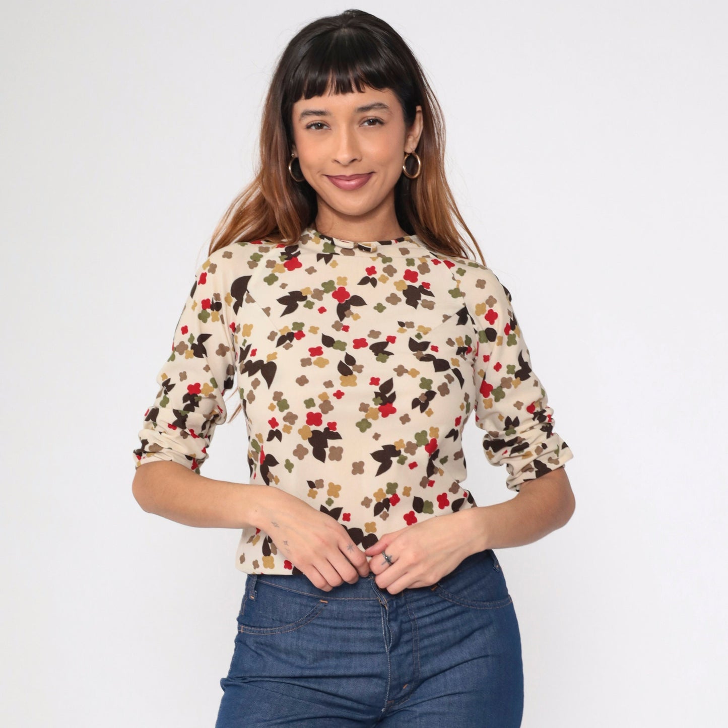 70s Cream Floral Abstract Crop Top Blouse Bow Neckline Raglan Sleeve Extra Small