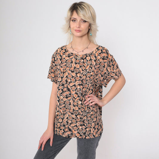 90s Black Orange Floral Henley Shirt Short Sleeve Button Up Large