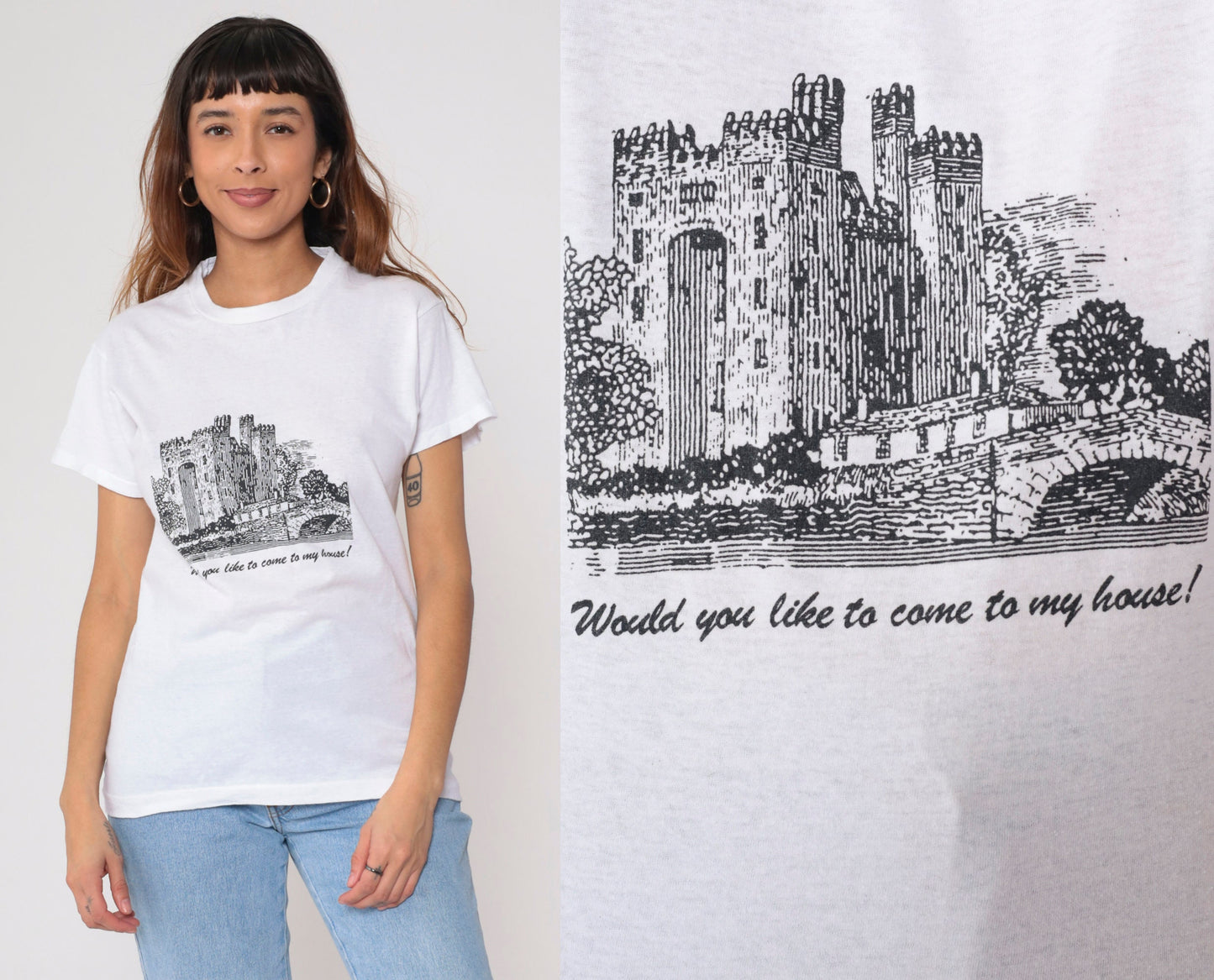 90s Castle Graphic T-Shirt "Would You Like To Come To My House" White Small