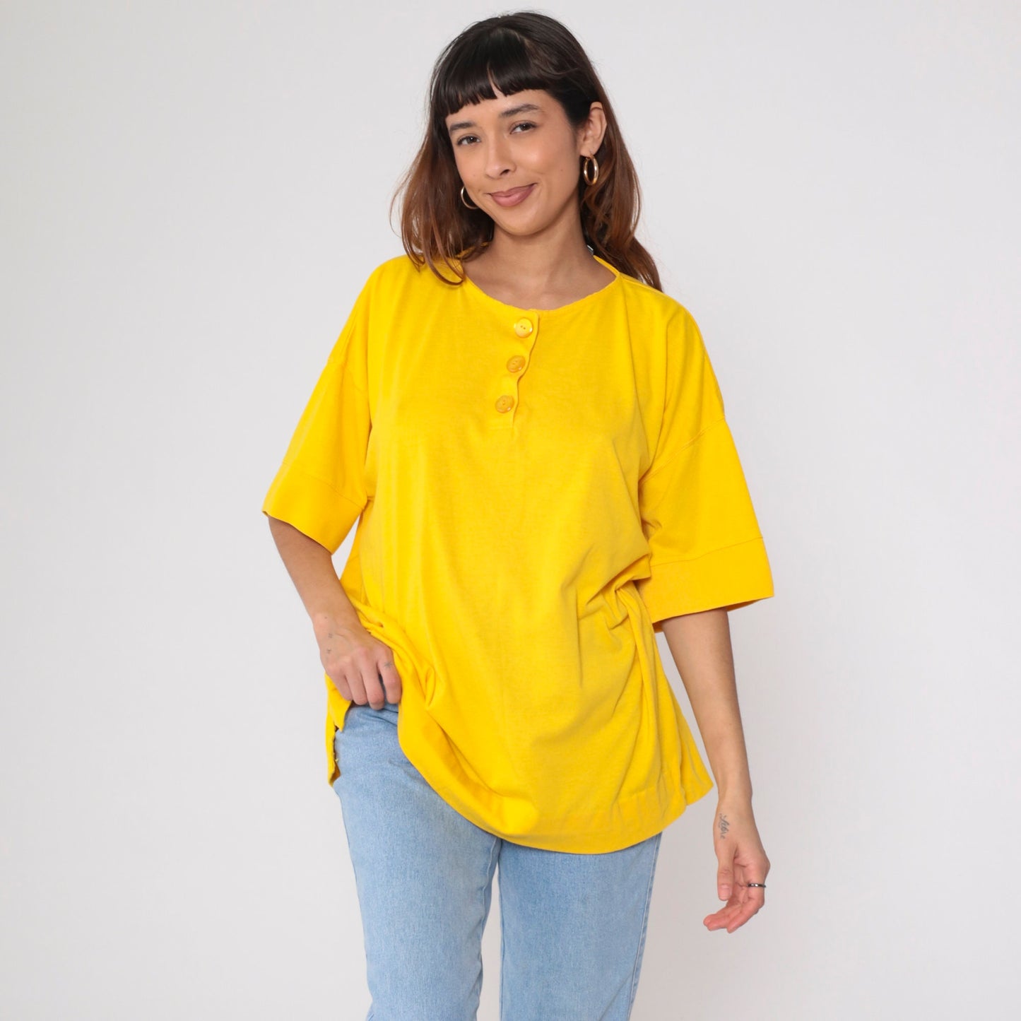 80s Yellow Henley Shirt Short Sleeve Button Up Cotton Blend Plus Size XXL