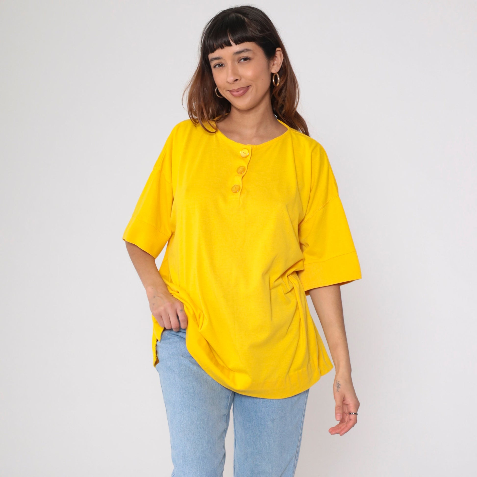 80s Yellow Henley Shirt Short Sleeve Button Up Cotton Blend Plus Size XXL