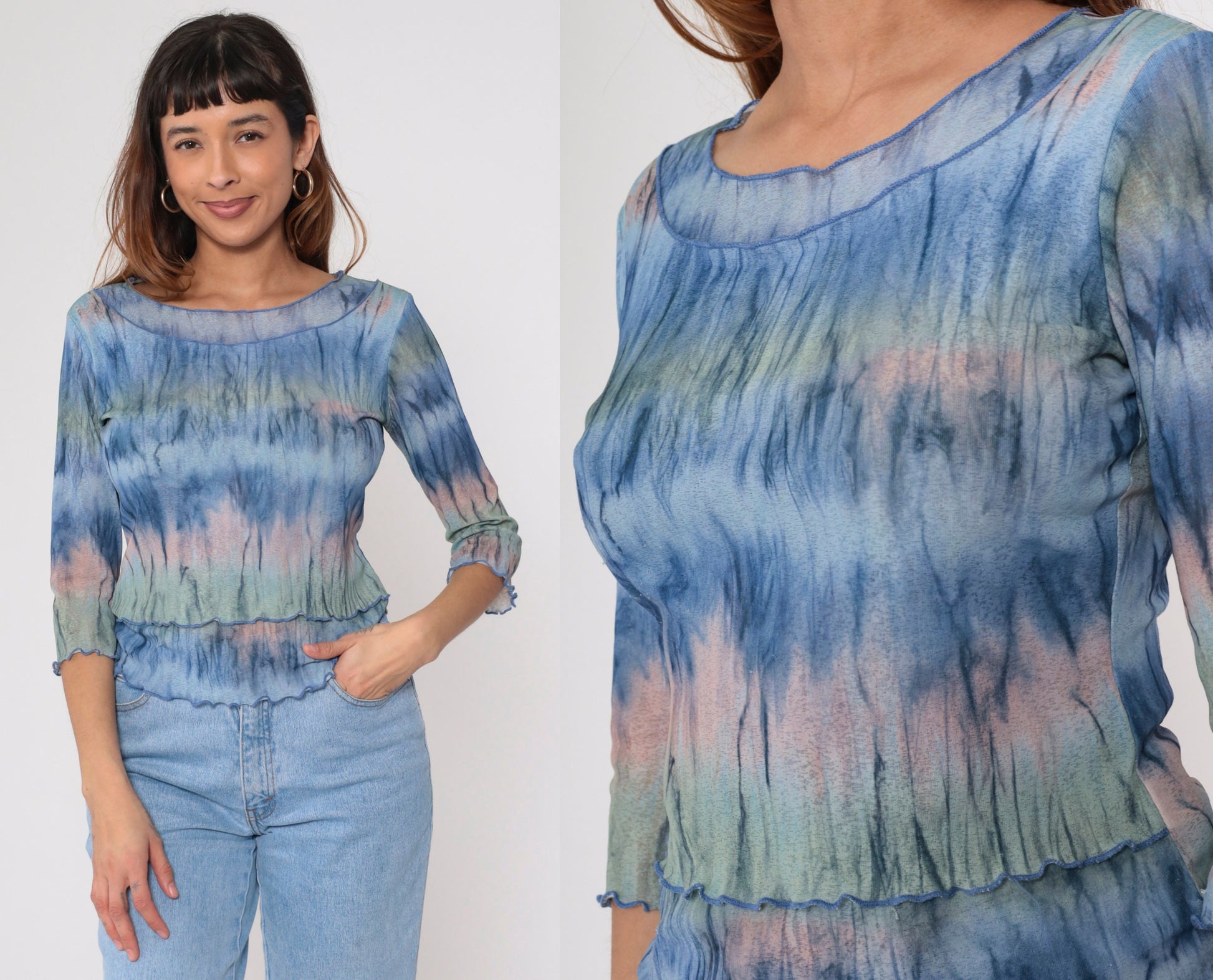 Y2K Tie Dye 3/4 Sleeve Top Lettuce Edge Semi-Sheer Blue Pink Green Medium