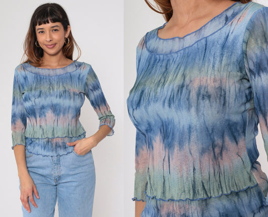 Y2K Tie Dye 3/4 Sleeve Top Lettuce Edge Semi-Sheer Blue Pink Green Medium