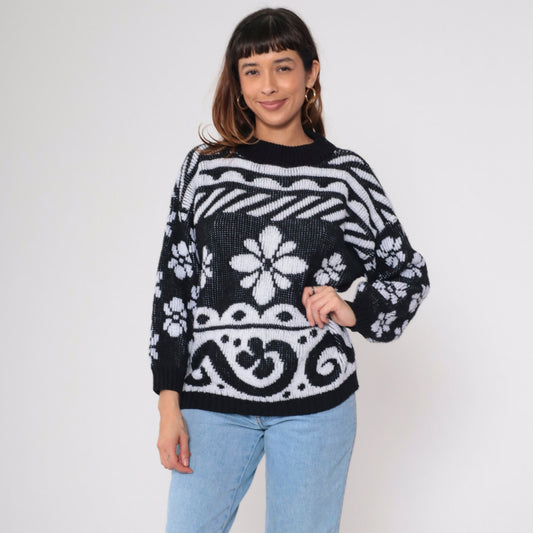 80s Black White Metallic Floral Knit Sweater Glitter Swirl Pullover Large L