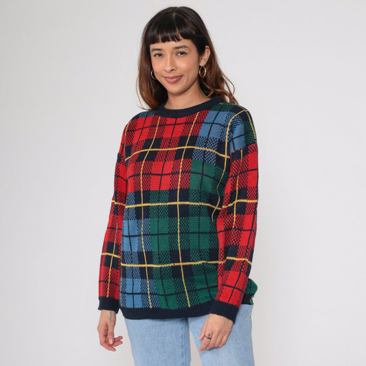 90s Silvercord Plaid Colour Block Sweater Red Green Blue Tartan Crewneck Medium