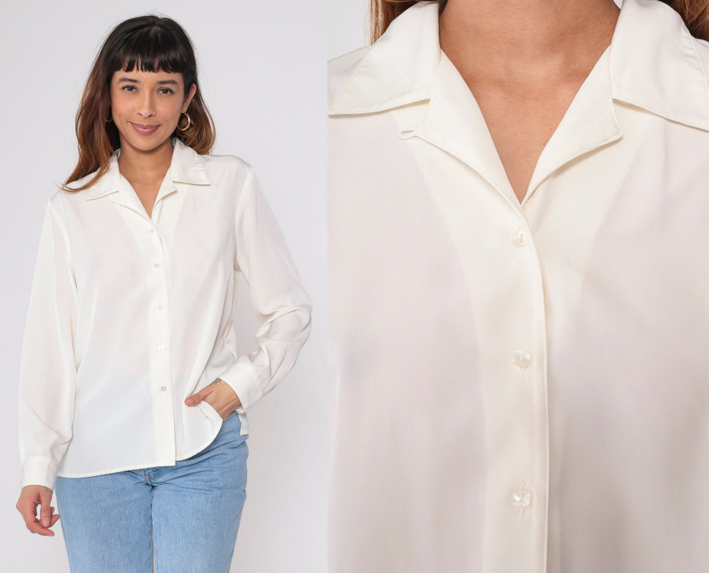 90s White Button-Up Blouse Long Sleeve Collared Shirt Large L