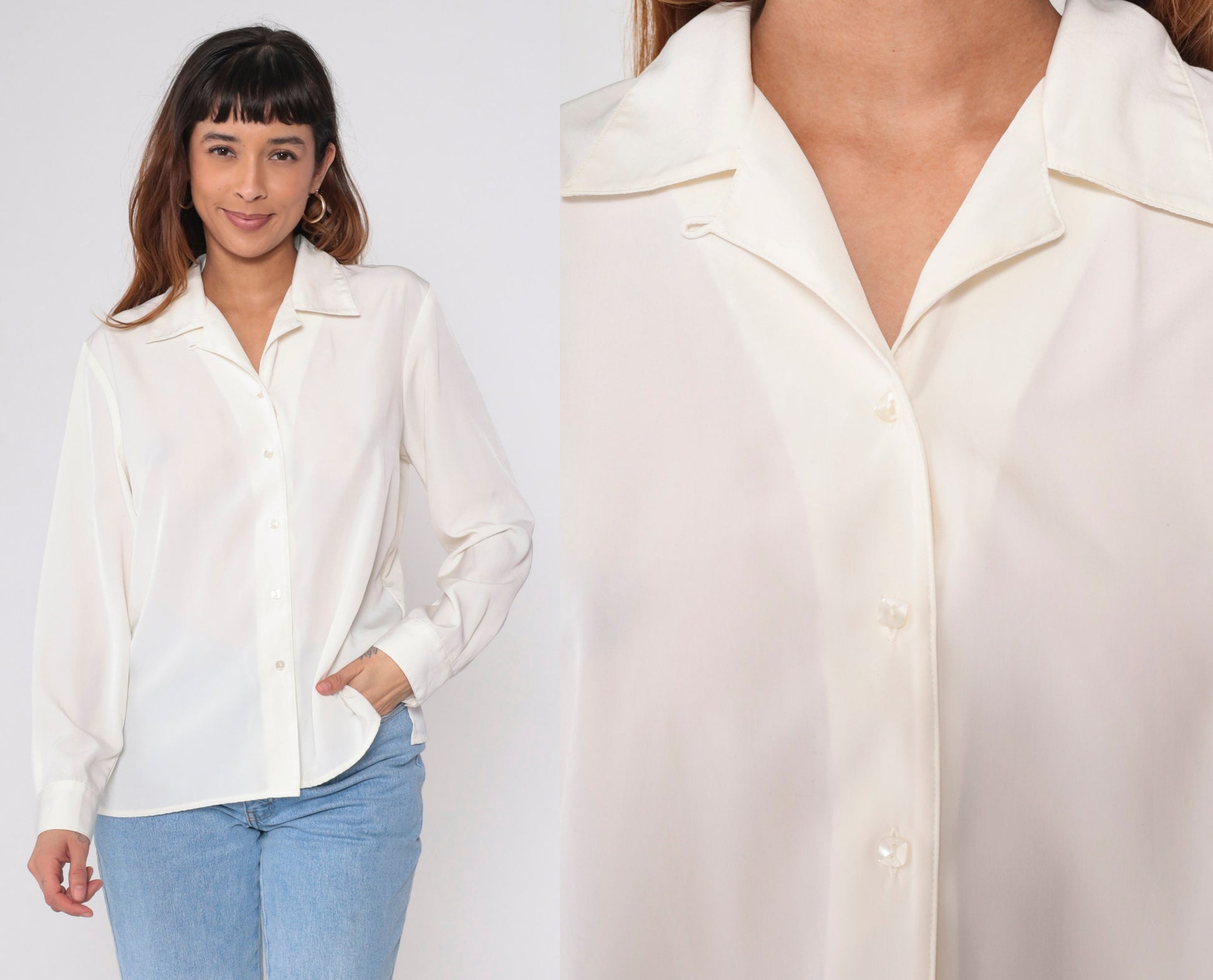 90s White Button-Up Blouse Long Sleeve Collared Shirt Large L