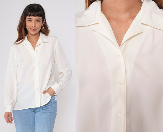90s White Button-Up Blouse Long Sleeve Collared Shirt Large L