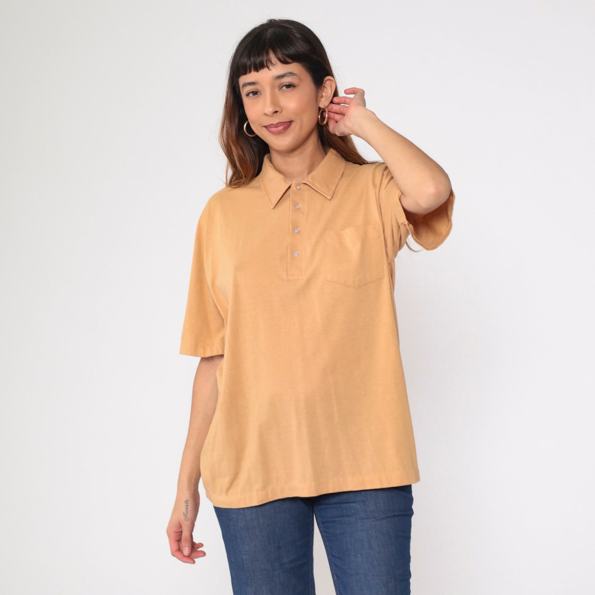 70s Light Brown Polo Shirt Button-Up Short Sleeve Collared Men's XL