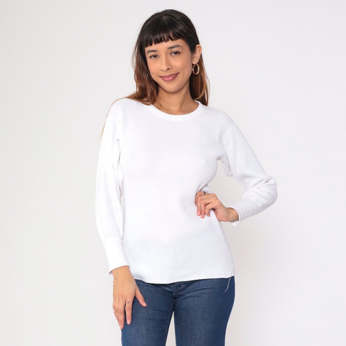 80s White Thermal Waffle Knit Long Sleeve Undershirt Small