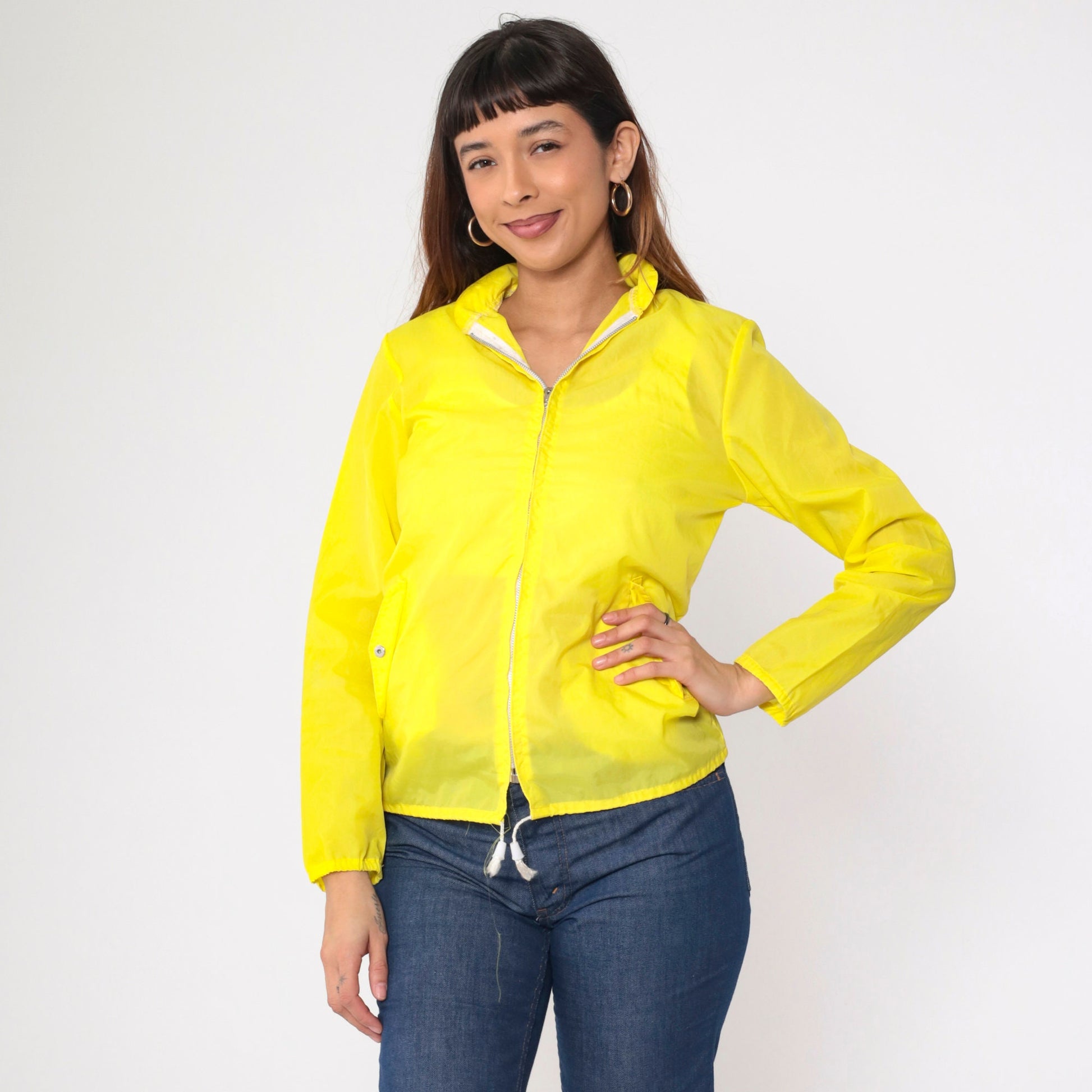 70s Yellow Nylon Windbreaker Jacket Semi-Sheer Zip-Up Extra Small