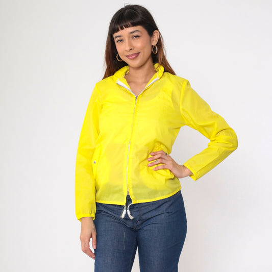 70s Yellow Nylon Windbreaker Jacket Semi-Sheer Zip-Up Extra Small