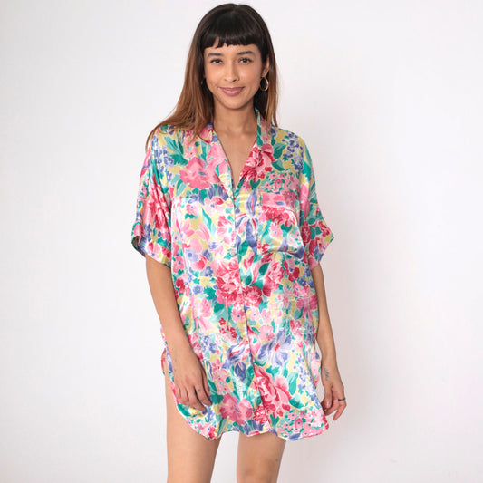 90s Nordstrom Floral Satin Nightgown Mini Button-Up Short Sleeve Multicolor Large