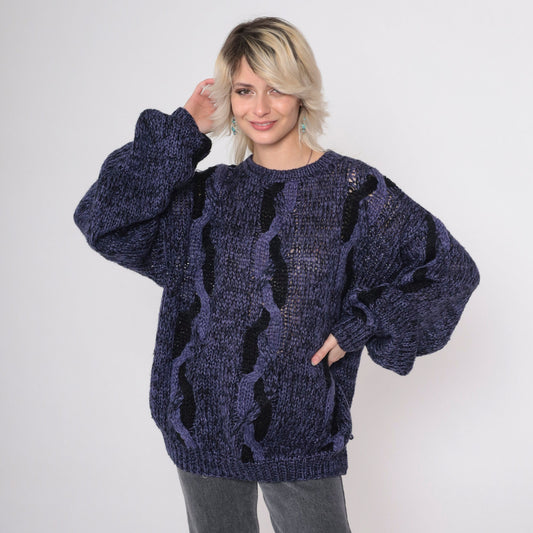 90s Purple Cable Knit Sweater Black Flecked Crewneck Pullover Men's Large L