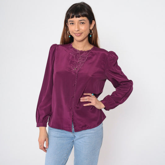 80s Purple Satin Blouse Puff Sleeve Embroidered Cutwork Button-Up Large