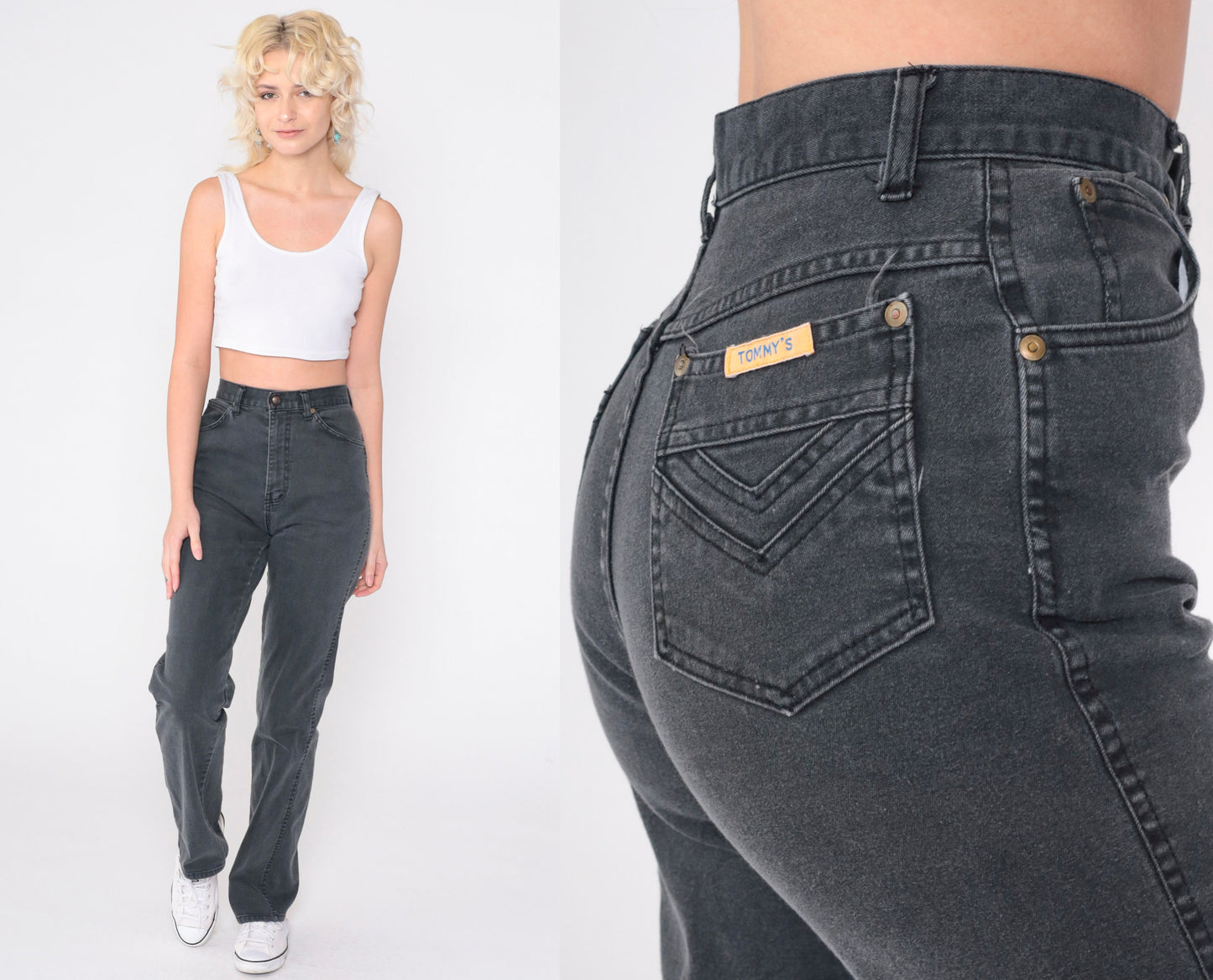 90s Black High-Waist Slim Straight Jeans Faded Denim Small 27