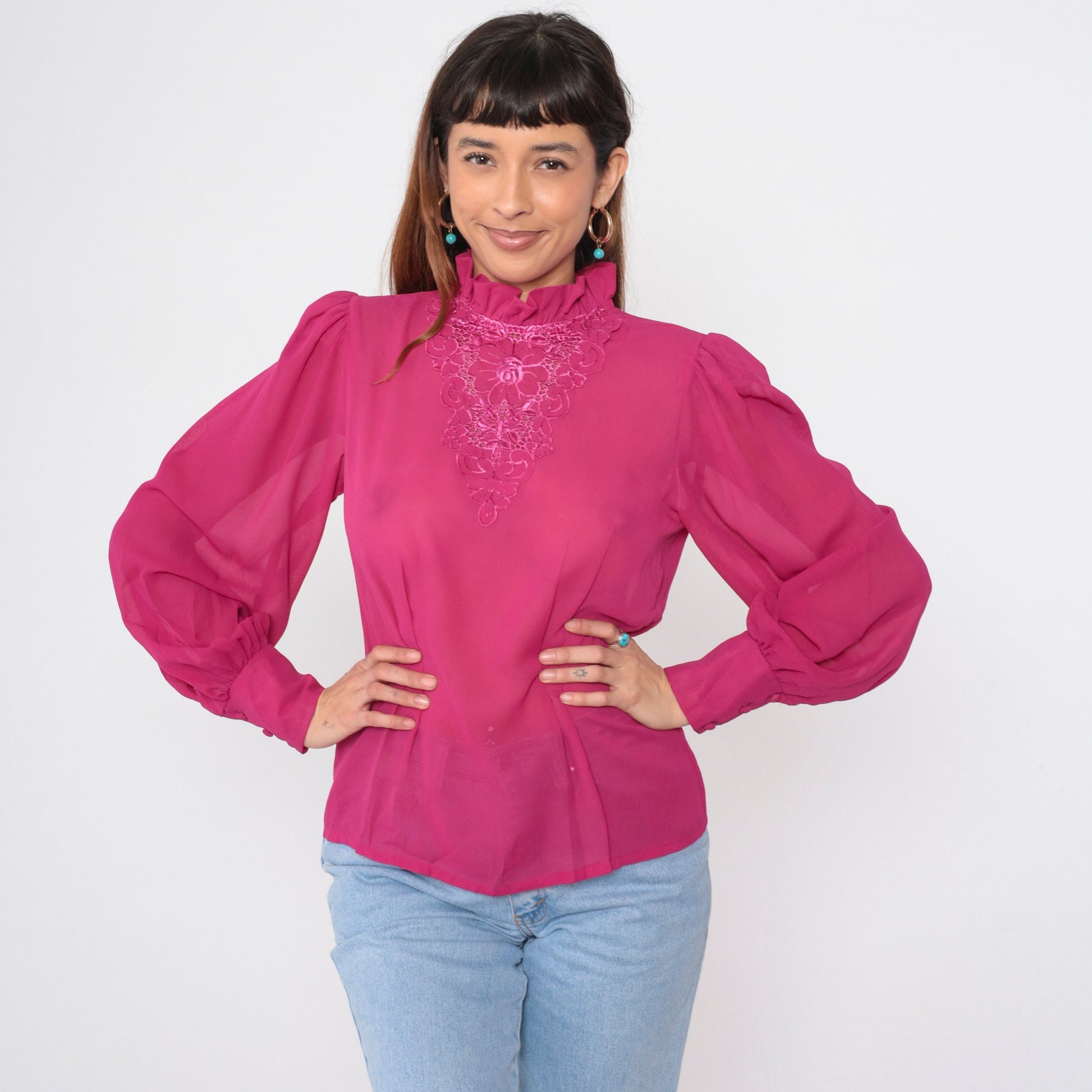 80s Fuchsia Embroidered Chiffon Blouse Puff Sleeve Floral Cutout Medium