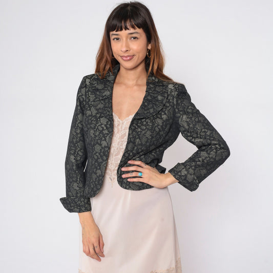80s Le Suit Floral Lace Cropped Blazer Grey Pleated Collar Medium