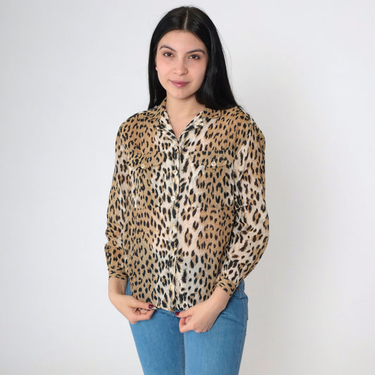 90s Leopard Print Button-Up Blouse Long Sleeve Semi-Sheer Small