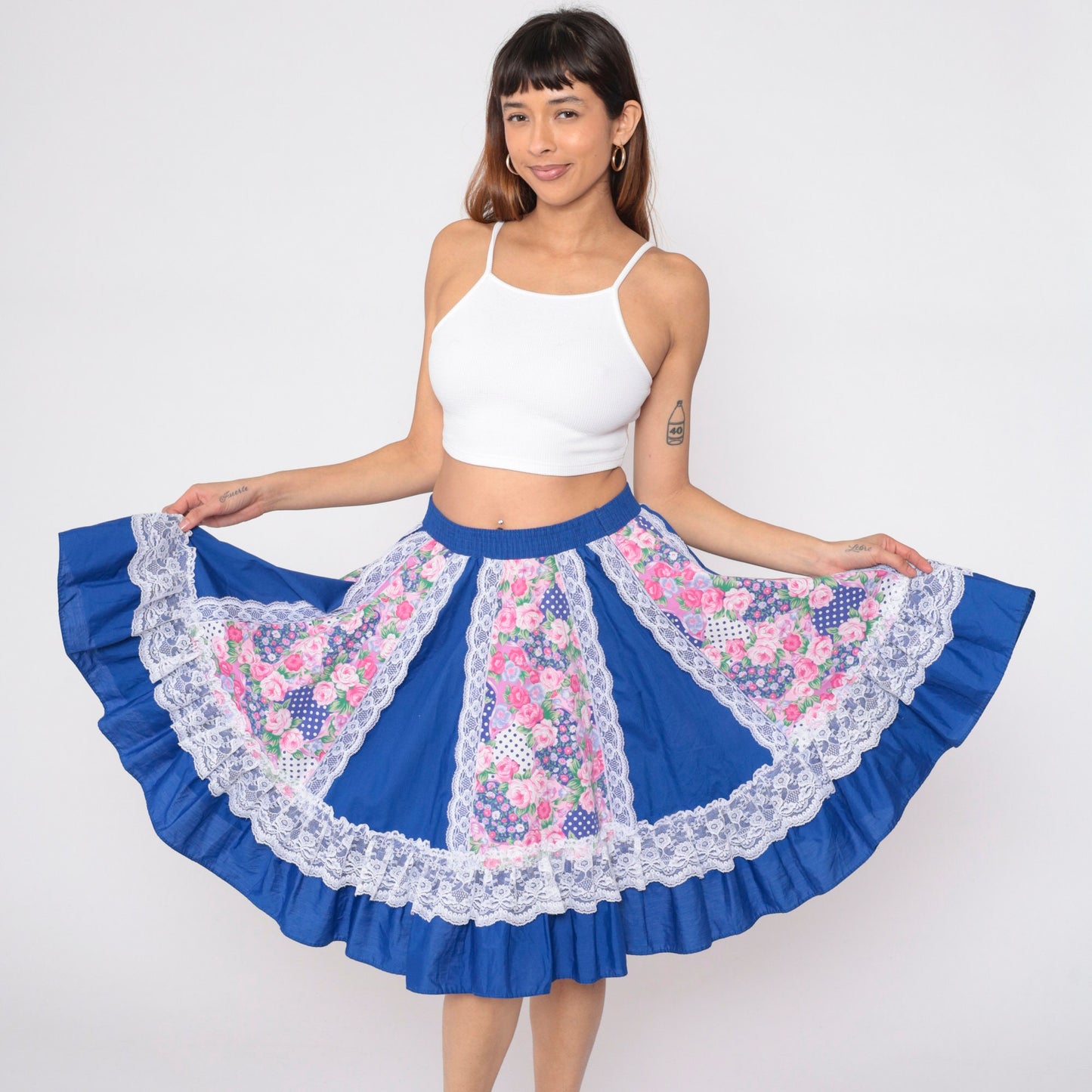 80s Blue Floral Prairie Skirt High Waist Tiered Lace Trim Mini Small