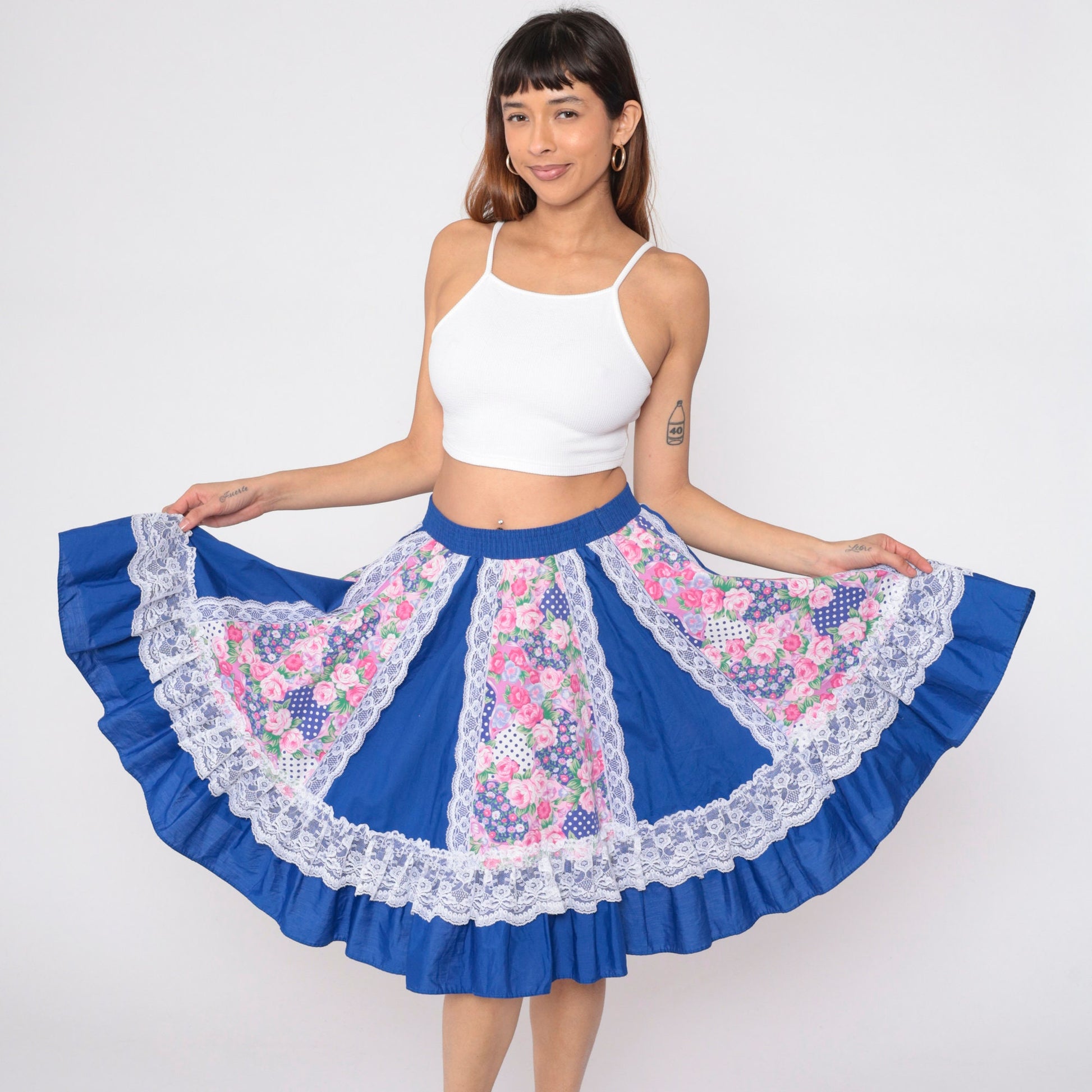 80s Blue Floral Prairie Skirt High Waist Tiered Lace Trim Mini Small