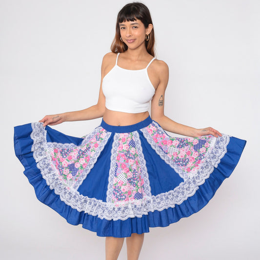 80s Blue Floral Prairie Skirt High Waist Tiered Lace Trim Mini Small