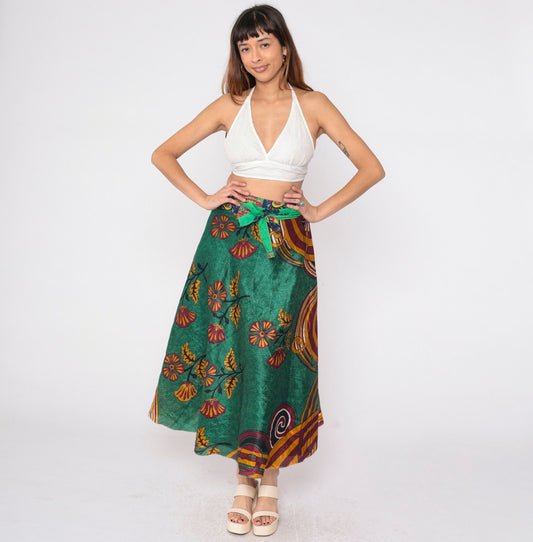 Y2K Reversible Wrap Midi Skirt Green Floral Paisley Print 00s Small Medium Large
