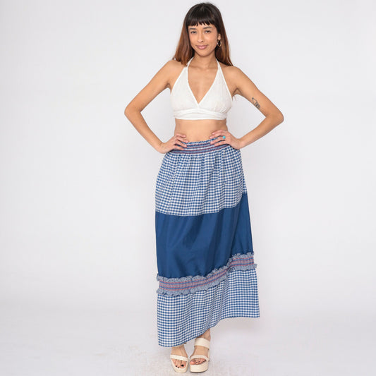 80s Blue Gingham Maxi Skirt High Waist Smocked Ruffled Patchwork Medium Large