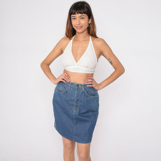 80s Blue Denim Mini Skirt High Waisted Pencil Cut Small S