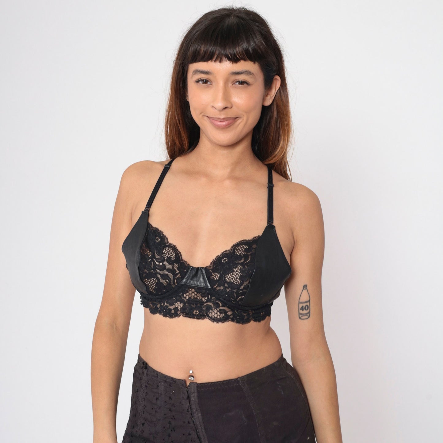 90s Black Leather Underwire Bra Scalloped Lace Sheer 36D