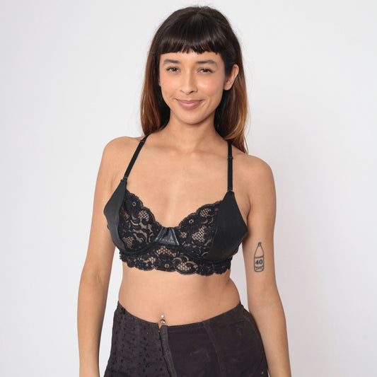 90s Black Leather Underwire Bra Scalloped Lace Sheer 36D