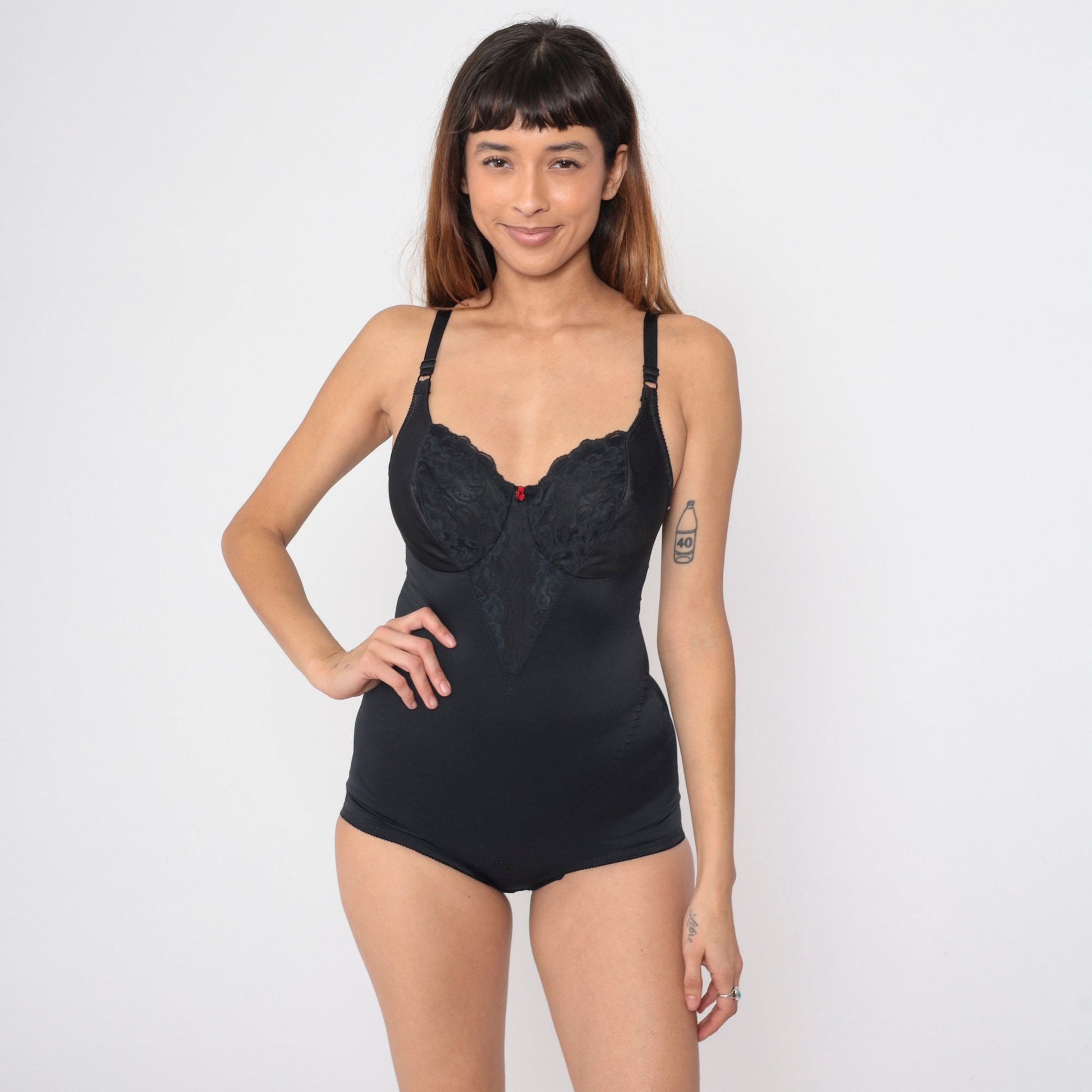 80s Black Lace Shapewear Bodysuit Girdle Underwire Spaghetti Strap 36B