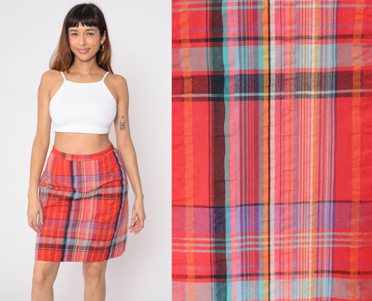 80s Red Plaid Mini Skirt High Waisted Built-In Shorts Slit Medium