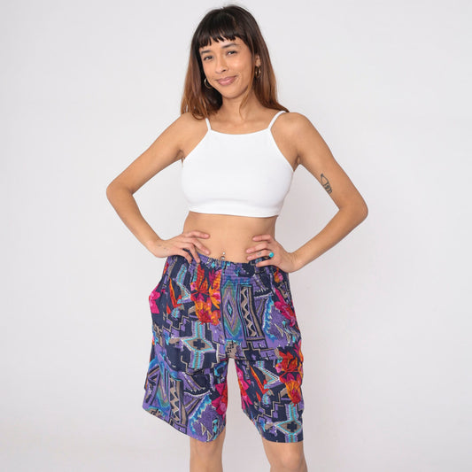 90s Carole Little Abstract Floral Wide Leg Shorts Purple Geometric Print Small