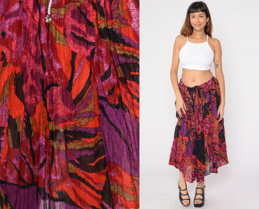 90s Floral Broomstick Midi Skirt Pleated Drawstring Waist Black Purple Red Orange Extra Large